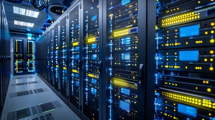 Modern data center with server rows.