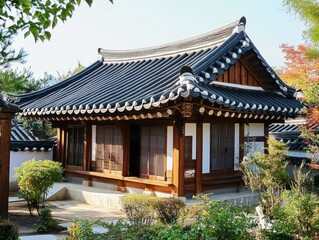Obraz premium Traditional Korean House Showing Architecture And Lush Greenery Around It