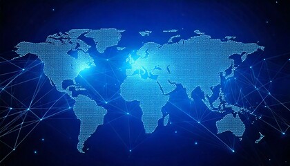 Minimal abstract background with a world map outline, glowing network connections, and gradient blue tones, symbolizing global connectivity and business growth.