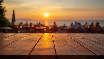 Warm Sunset Over Beach Restaurant With Wooden Table