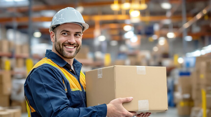 Smiling warehouse worker in safety gear holding cardboard box in distribution center