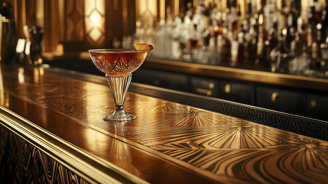 close up of polished speakeasy bar counter with cocktail glass