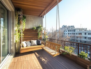 Rustic wooden swings grace a residential balcony with charming plants