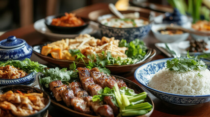 Obraz premium Delicious and Diverse Asian Cuisine Spread: A Colorful Array of Grilled Meat, Rice, and Various Dishes Showcasing Authentic Flavors and Culinary Tradition