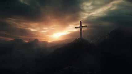 Christian cross silhouette on mountain at dramatic sunset. Easter, Good Friday, or spiritual video background. Hope and faith concept for religious events.