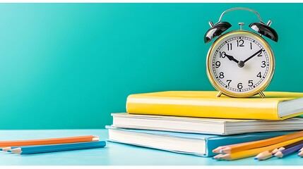 Alarm clock on books with pencils in a study space