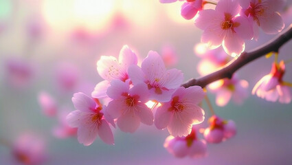 Obraz premium Cherry blossom branch with pink flowers on blurred spring background, soft light and pastel tones