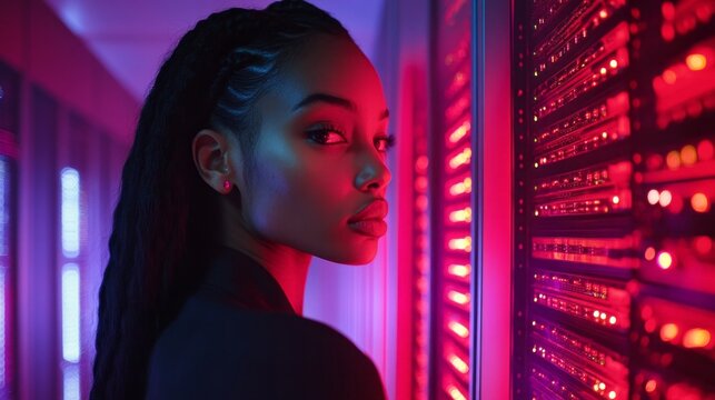 In a high-tech data center, an individual stands confidently beside glowing server racks, surrounded by vibrant lights