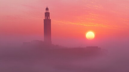 Silhouette tower sunrise pink sky thick atmosphere.