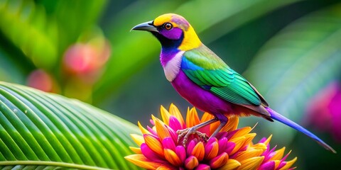 Fototapeta premium Vibrant Rainbow-Colored Bird Perched Gracefully on a Vividly Colored Flower in a Lush Green Garden
