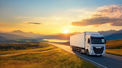 Obraz premium A white truck with cargo trailer driving along scenic road at sunset, surrounded by mountains and lake. vibrant colors of sky create serene atmosphere
