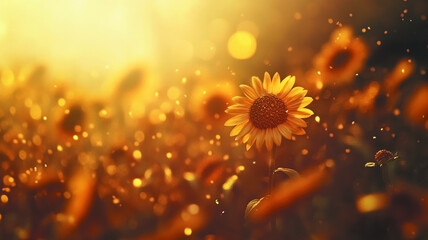 Sunflower in golden sunset light on field, glowing pollen sparkles in air, magical summer evening atmosphere