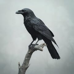 Fototapeta premium Majestic Black Raven Perched on a Branch in Enigmatic Landscape