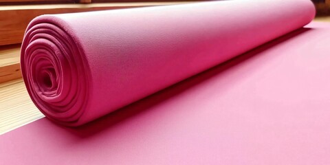 Pink Yoga Mat: A rolled-up pink yoga mat lies on the wooden floor, inviting for fitness and relaxation.
