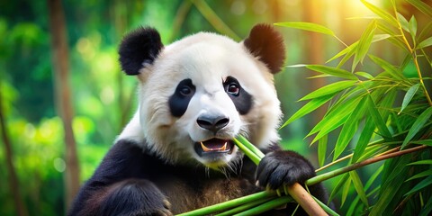 Fototapeta premium Cute Panda Eating Bamboo, Adorable Wildlife Photo, Sweet Bear, Nature Image, Bamboo Forest