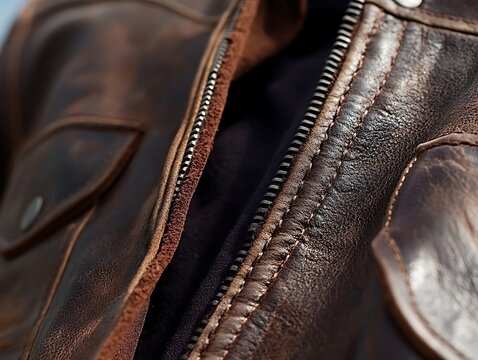 Weathered leather jacket detail showcases timeless vintage sophistication