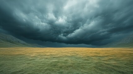 Imposing Dark Storm Clouds Over Golden Grassland