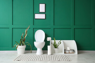 Interior of restroom with toilet bowl, frames and plants