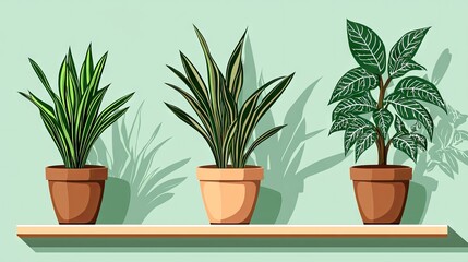 Obraz premium Three potted houseplants on shelf, green wall background, home decor, interior design