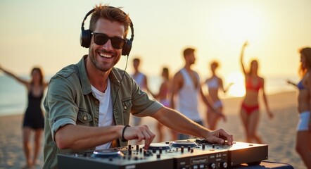 Beach Sunset DJ Party: Smiling DJ in Black Headphones and Sunglasses with Energetic Crowd Dancing. International DJ Day Celebration