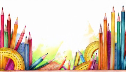 border frame of pencils and rulers background with copy space, educational concept