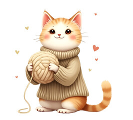 Cute little watercolor cat in sweater holding a ball of yarn