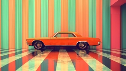 Vibrant Retro Orange Car Against Striped Colorful Background