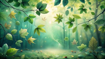 Enchanted Forest A Whimsical Display of Falling Leaves and Glowing Dust Particles in a Mystical Green Wood