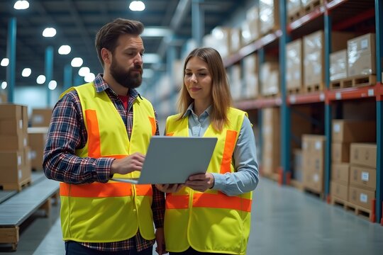 Logistics Team Managing Automated Warehouse System | Industrial Warehouse Management with Workers Overseeing Operations. 