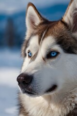 Obraz premium Majestic Siberian Husky with Striking Blue Eyes in a Winter Landscape