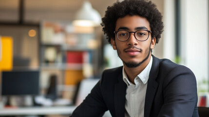 Confident young man in formal attire at a modern desk, embodying professionalism and ambition.