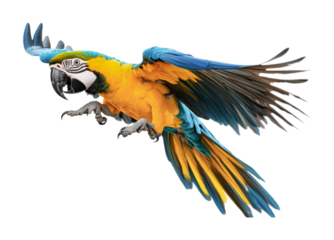Colorful macaw flying in clear sky, showcasing vibrant feathers during midday adventure, cut out