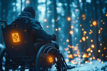 Fototapeta premium A magical powered wheelchair glowing with enchanted runes, its user navigating through a mystical forest filled with sparkling lights