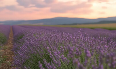 Fototapeta premium Serene Lavender Field at Sunset, Rows of Purple Flowers Under Warm Light