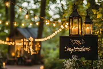A romantic outdoor setup with string lights, candles, and a "Congratulations" sign for an engagement celebration