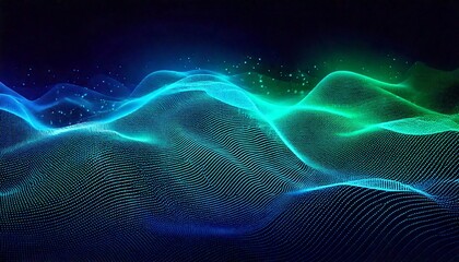 Abstract layered waveforms with gradient blue and green colors, dots, and digital particles showing the concept of digitalization and cloud services.