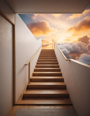 Wooden Staircase Leading to a Dreamlike Sunset Sky Above the Clouds A Surreal Architectural Vision