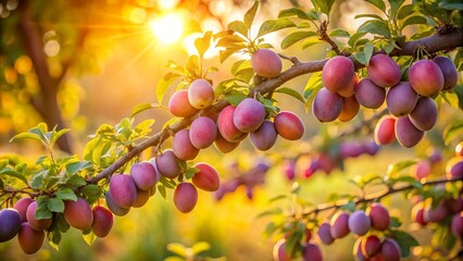 Golden Hour Abundance Ripe Plums Glowing on a Branch in Orchard Sunlight