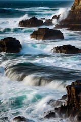 Fototapeta premium Majestic Ocean Waves Crashing Against Cliffs at Sunset