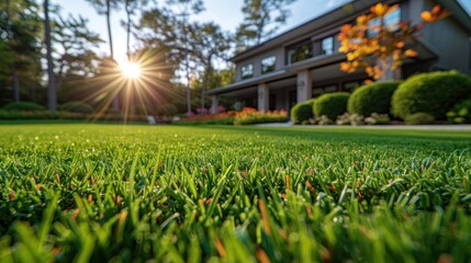 A well manicured lawn with a house and sun in the background