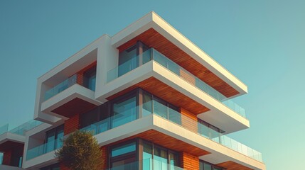 Obraz premium Modern architecture showcasing a building exterior with wooden accents and glass