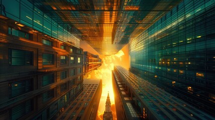 An upside down perspective reveals buildings and a bright sky