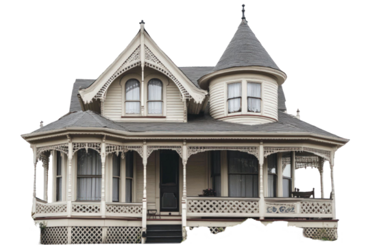 Victorian Style House With Detailed Wood Trim And Turret On Transparent Background
