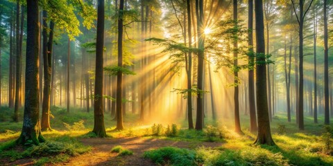 Fototapeta premium Golden Rays Illuminating a Misty Forest Path at Dawn, Creating a Serene and Magical Atmosphere