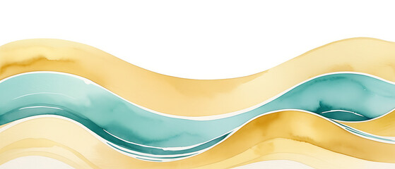 Abstract Watercolor Waves in Gold and Teal Colors with White Background