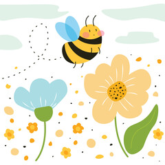 Vector bee illustration with flowers