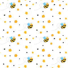 Seamless vector illustration bees and flowers pattern