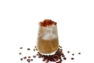 latte ice coffee serving with coffee beans spread out bottles in isolated concept.