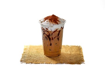 Ready for drink,latte ice coffee put on wooden plates on white background and isolate photo concept.