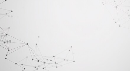 A minimalist, grayscale image featuring a complex network of interconnected dots and lines on a bright white background